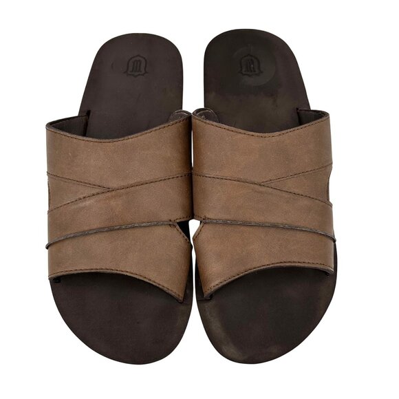 Mens Brown Leather Slide Sandals Size 12 With Rubber Soles - Picture 2 of 6